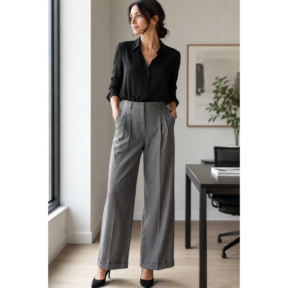 Commense Grey Wide Leg Pleated Trousers High Waisted Cuffed Dress Pants Size M